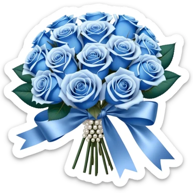 A luxurious bouquet of deep blue and pastel blue roses, elegantly wrapped in pearl satin ribbon, with delicate silver baby's breath flowers adding a shimmering touch sticker