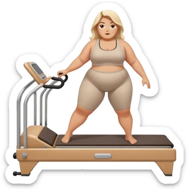 Plus size girl on a Reformer Pilates. The machine is white and beige  sticker