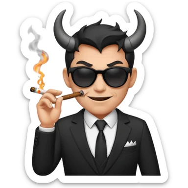 Minimalist emoji-style sticker of a devilish producer in black suit, tiny horns, dark sunglasses, and a smoking cigar, grayscale tones, matte style sticker