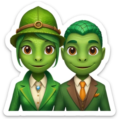 Female lizard and male lizard wearing human clothes sticker