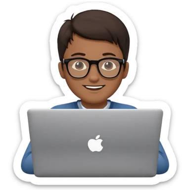 happy man on laptop with light brown skin color , with dark hair front of laptop sticker