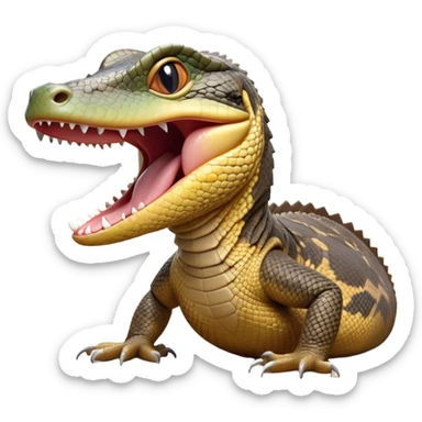 Cinematic Realistic Cute Yawning Monitor Lizard Portrait Emoji, Head tilted slightly with a dramatic, wide-open yawn, showcasing a soft, textured scaled hide with subtly drooping features and half-closed, drowsy eyes, rendered with meticulous natural detail and warm shadows, high shine, relaxed yet expressive, styled with a dash of desert charm, soft glowing outline, capturing the essence of a sleepy yet affectionate monitor lizard that appears ready to stretch out for a restful nap! sticker