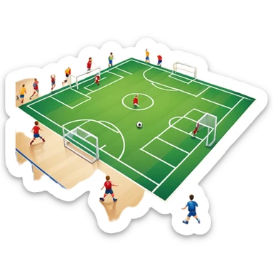 A mini-football match in an indoor sports hall with wooden flooring and clear field markings. The scene shows a vibrant game in action, with players positioned on the court, the goalposts visible, and the atmosphere filled with energy and focus. sticker