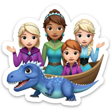 4 chicas montadas en una atraccion de levantando la mano con orejas de dines puestas en una atracción, la barca esta diseñada con dibujos de frozen sticker
