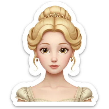 Cinematic Realistic Rococo Portrait, depicted with lifelike skin texture, subtle rosy undertones, and soft natural lighting that enhances the gentle contours of her face. Her intricately detailed golden blonde hair is elegantly styled in an updo, sticker