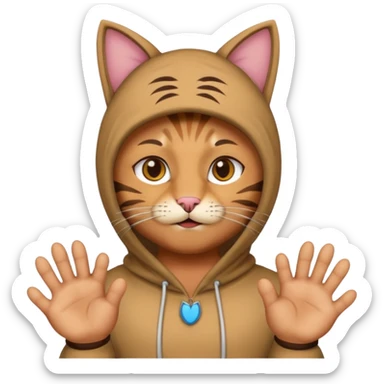 A man wearing cat clothes  and showing his paws sticker