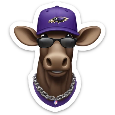 Moose wearing a backwards flatbill hat, a chain, sunglasses, and a Baltimore ravens jersey sticker