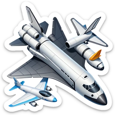 An icon featuring a collage of a space shuttle, a drone, and an airplane, symbolizing aerospace technology. The design includes rocket engines, wings, and flight paths, representing advancements in aviation and space exploration. Transparent background sticker