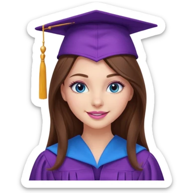 girl with gorgeous long brown hair, blue eyes, long lashes makeup, sexy pink lips, wearing a purple graduation cap and gown sticker