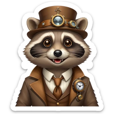 Steampunk style illustration depicting a happy raccoon sticker