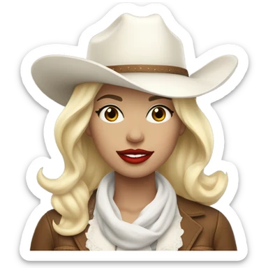 cowgirl with a white hat and white scarf and blonde short hair with red lipstick sticker