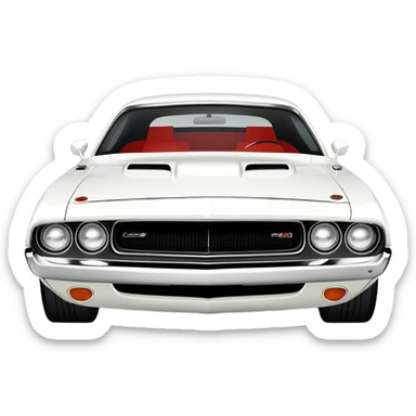 Iconic white 1971 Dodge Challenger from Death Proof, consistent 30-degree perspective with detailed front end and hood, maintaining authentic proportions, all-white color scheme, iOS emoji style sticker
