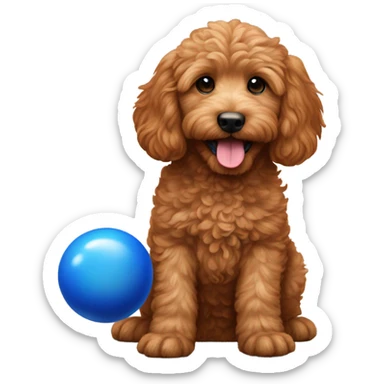 Red mini Goldendoodle with blue ball in mouth and paw raised sticker