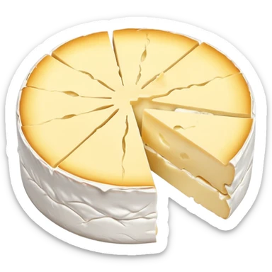 small round wheel of camembert cheese with white bloomy rind and creamy pale yellow interior, one slice cut out showing soft slightly oozing center, smooth rich texture, subtle wrinkled rind, no box or extras, soft lighting, subtle shadows, emoji scale sticker