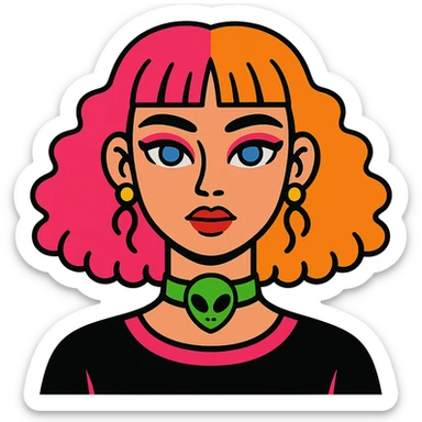 girl with blue eyes, pink makeup, narrow eyebrows, earrings, green alien head choker, black and pink blouse, curly hair to shoulders, hair half hot pink and half ginger, short straight baby bangs sticker