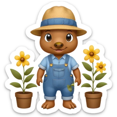 platypus wearing a gardening hat and denim overalls with flowers sticker