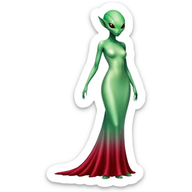 reptilian green alien woman, in( long slim pastel color:#FFFFFF formal party satin dress with gradient shiny sparkling dark red), full figure, full body sticker