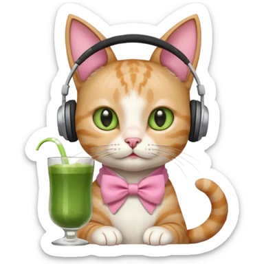 A cat wearing headphones with a glass of matcha, a pink bow on his ear sticker