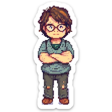 worried nerd with arms crossed, pixel art style sticker