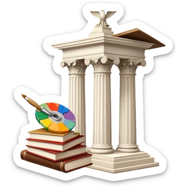 An icon featuring a paint palette, a sculpture, and a book, symbolizing the study of culture and art. The design includes a classical column and a canvas, representing art history and cultural exploration. Transparent background highlights the connection between creativity and history. sticker