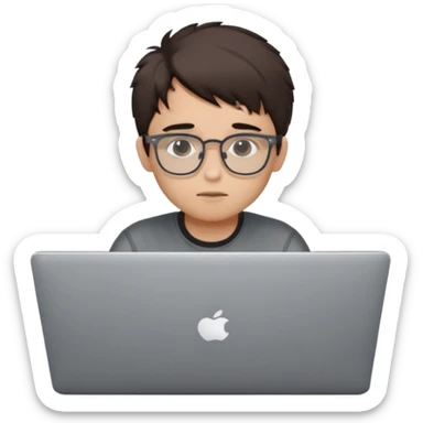 Apple Memoji-style 3D avatar, young man with light skin, short messy dark brown hair, black rectangular glasses, sitting behind a silver laptop with only eyes visible, cute minimal plastic look, smooth shapes, studio light, pure white background, centered, 1:1, ultra clean, 4k sticker