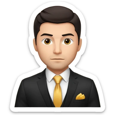 male memoji, dark hair, light stubble, strong jawline, luxury black suit and tie, gold watch, intense stare, charismatic billionaire aura sticker