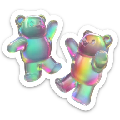 a hyper-realistic 3D rendering of a translucent, 2 holographic iridescent gummy bear mid-bounce, its plump body captured in dynamic motion as if frozen in time. The candy's surface refracts light like real gelatin, with sticky highlights gleaming along its curved edges and subtle sugar granules  sticker