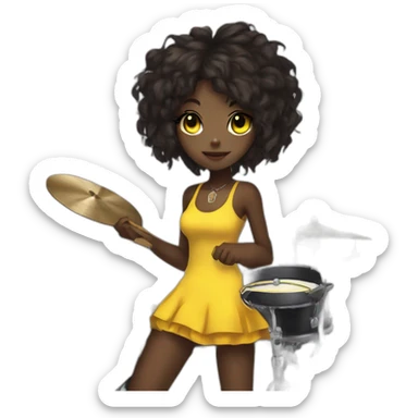 cute punk girl in yellow dress dark skin with yellow eyes and dark curvy hairs drummer anime style sticker