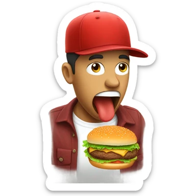 Man with a red hat eating a burger sticker