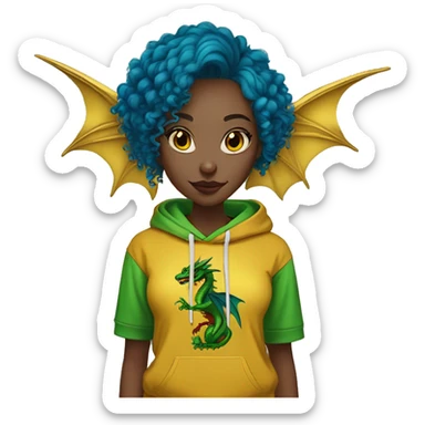 420 Lady with brunette and blue hair, hemp, gold, green dragon wings, maroon hoodie, 420, black and gold Nike t shirt, and bright red eyes sticker