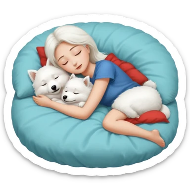A girl in her early 20s sleeping with her white Japanese spitz dog on her bed sticker