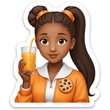 Ariana grande, high ponytail with dark skin holding cookie and orange juice  sticker