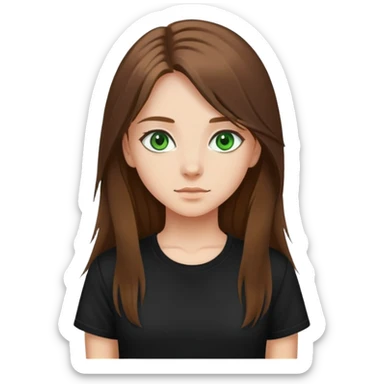 Girl emoji with brown, long hair, green eyes and a black t shirt sticker