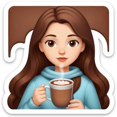 white girl with brown long hair and a hot chocolate sticker