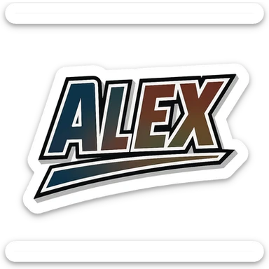 Alex name in masculine, modern gradient font with precise Hungarian characters, dark contour, extra wide and prominent white letter frame as in reference images, dynamic slanted underline, masculine color shades (blue, gray, burgundy, green, brown), 1000x1000 px, PNG, transparent background sticker