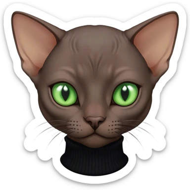 black and dark brown color sphinx cat with green eyes wearing a black turtleneck sweater sticker