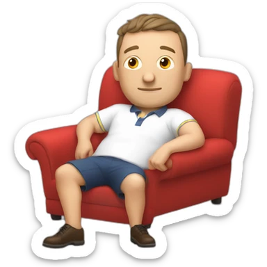 tim robinson very tired laying down on a red couch in a white polo shirt, chest up clean shaven sticker