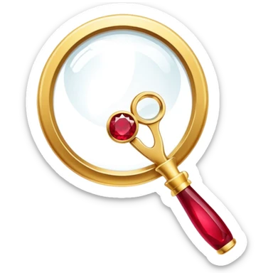 Jewelry art icon, golden ring with a ruby viewed through a magnifying glass, visible pliers beside it, minimalistic style, clean lines, transparent background. sticker