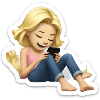 blonde girl giggling and kicking her feet while laying on her bed looking at her phone sticker
