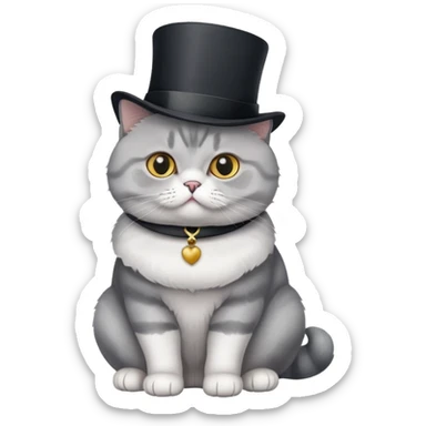 British Shorthair cat full body sitting with a top hat sticker