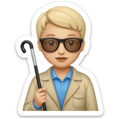 A blind person wearing sunglasses and holding a guide cane sticker