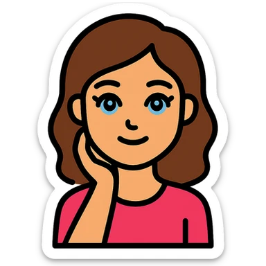 An icon-style emoji of a brunette girl with medium, slightly wavy hair, normal skin tone, a button nose, beautiful blue eyes with eyelashes, in a different pose. sticker
