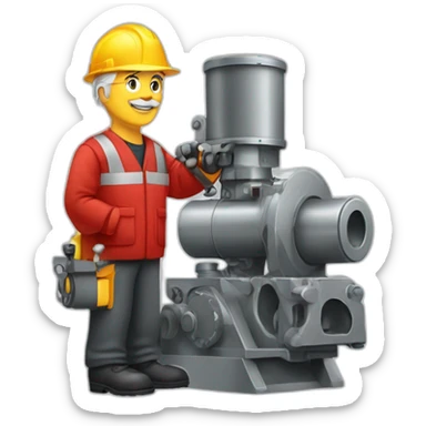 Industrial professional senior mechanical assembler working on the assembly of heavy machinery with a red outfit sticker