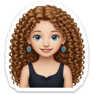 Girl with long light brown curly hair, blue eyes, black dress, hoops earrings. sticker