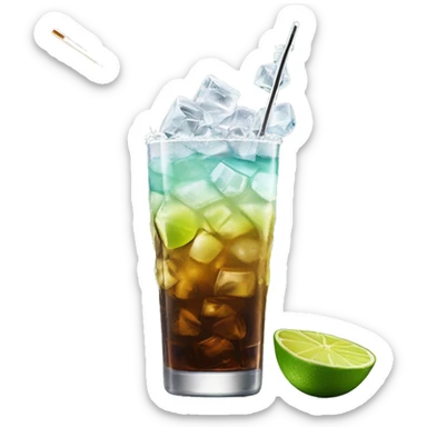 a tall and thin highball cocktail with 2 colors, brown on the bottom and light yellow on top with crush ice and a straw, juste one drink, clear separation between colors, grated lime on top of ice, really thin crushed ice sticker