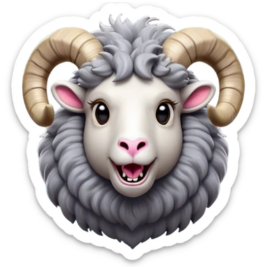 Cinematic Comical Ram Portrait Emoji, Head tilted dramatically with an exaggeratedly amused expression, featuring a striking woolly grey fur with impressively curled horns, wide, expressive dark eyes filled with playful disbelief, Simplified yet hilariously expressive features, highly detailed, glowing with a slightly sassy glow, high shine, dramatic yet playful, stylized with an air of cheeky mischief, bright and endearing, soft glowing outline, capturing the essence of a spirited and over-the-top ram, so meme-worthy it feels like it could butt its way into internet fame instantly! sticker