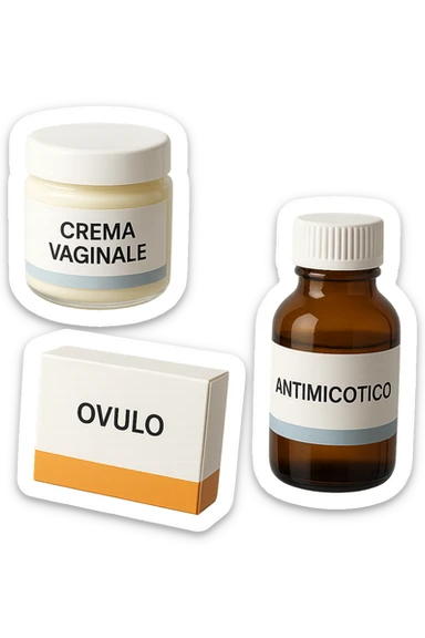 un barattolo di crema con la scritta "crema va**ale", una scatola con farmaco con la scritta "ovulo", un barattolo di farmaco con la scritta "antimicotico" in italiano sulle etichette, fluttuano in aria, IPERREALISTICO 4K sticker