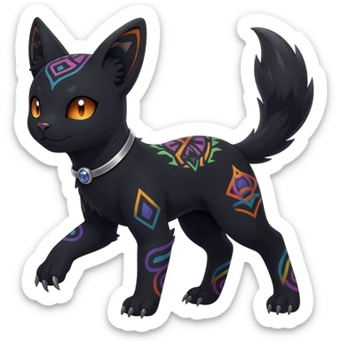 Rare charcoal-black exotic cute epic aesthetic gothic colorful Salandit-Eevee-Civet-species-Fakemon-hybrid-creature, with a collar, and with intricate colorful tribal markings, full body sticker