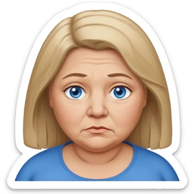 Head image of older very fat dark blonde woman with shoulder length hair and blue eyes. Neutral expression bordering on sad. sticker