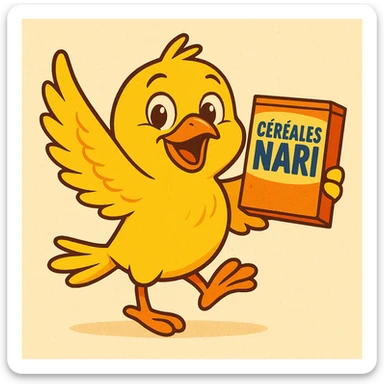 La mascotte du magaisn "céréales nari " doit être un canarie jaune joyeux !! Cree le sticker